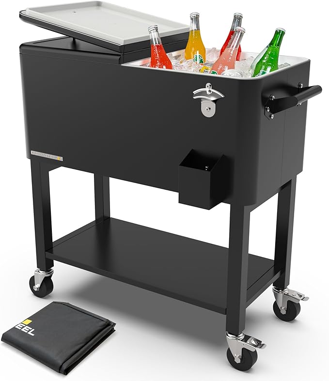 Permasteel Party Cooler with Removable Basin, Spacious 80-Qt Capacity, Rolling Ice Chest for Indoor and Outdoor Entertainment Black + Bonus Cover
