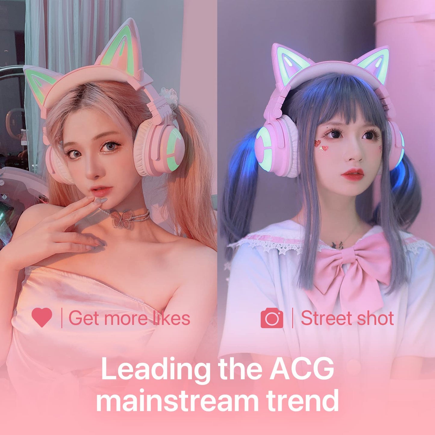 YOWU Cat Ear Headphones 3G, Headphones Over Ear, RGB Wireless/Wired 5.0 Foldable Gaming Headset with 7.1 Surround Sound, Built-in Mic & Customizable Lighting and Effect via APP(Pink)