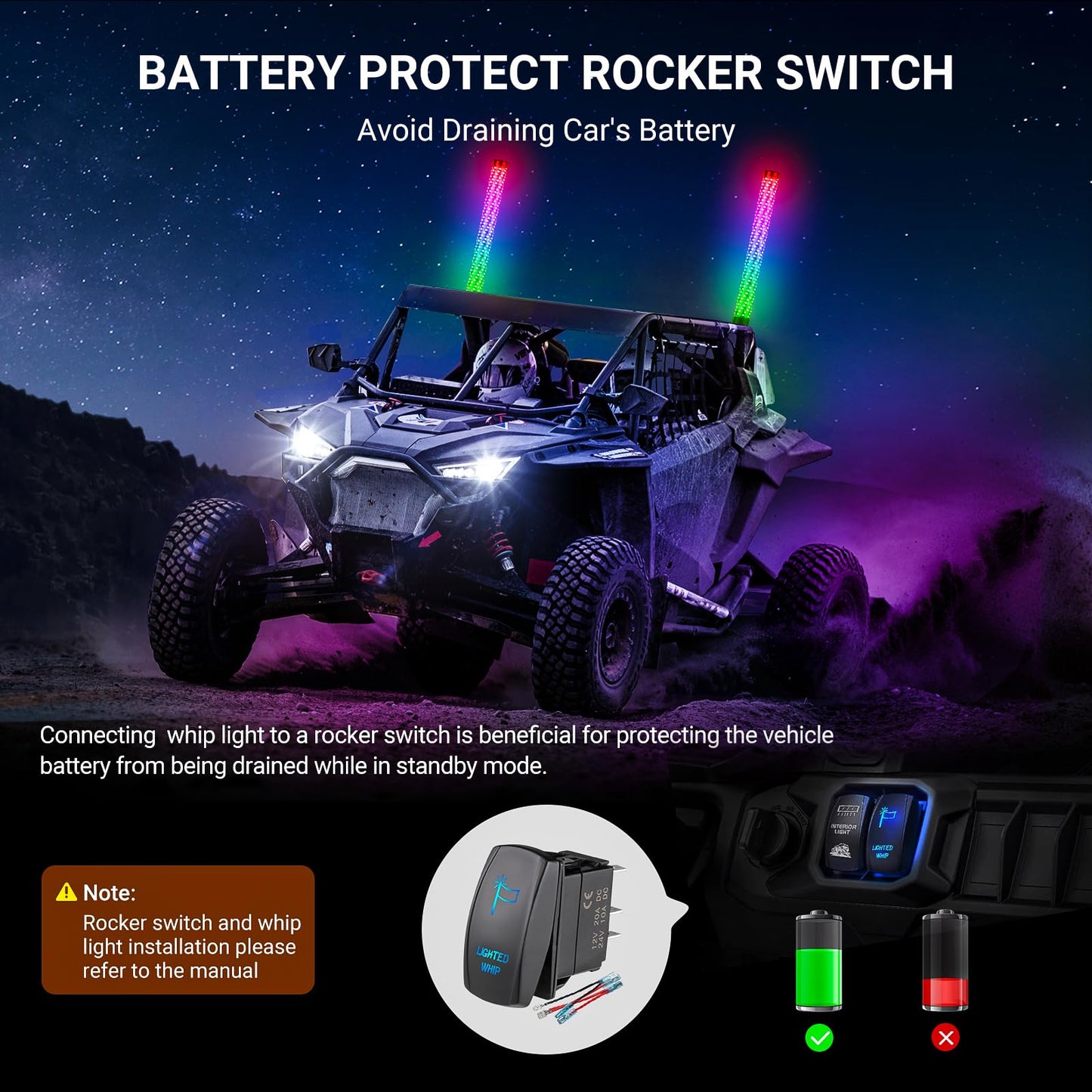 Ehaho 2PCS 2FT Fat Whip Lights for UTV ATV with Spring Base, Led Fatty Whip Light W/Rocker Switch & 6 Flags, Brighter Spiral Chasing Lighted Antenna Whip with APP & Remote Control for RZR SXS Can-Am