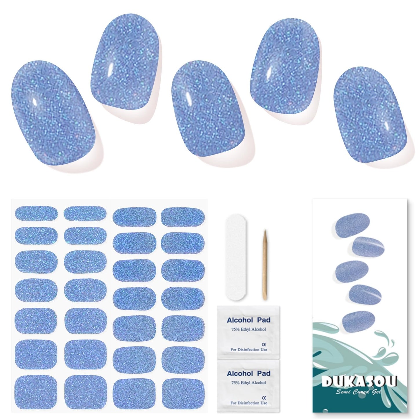 DUKASOU Semi Cured Gel Nail Strips, Blue Fine Flash | 28pcs Gel Nail Strips Work with Any uv lamp,Gel Nail Stickers for Women Girls, Includes Prep Pads, Nail File & Wood Stick