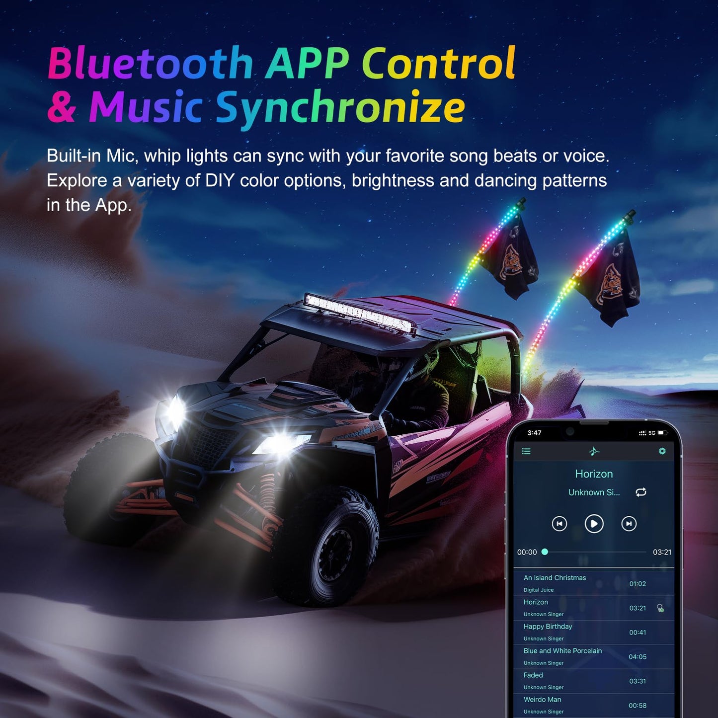 Ehaho 2 Pack 5FT Whip Lights with Spring Base,LED Whip Light with App & Remote Control, Spiral RGB Chasing Lighted Whips with Rocker Switch, Music Whip Light for UTV ATV Polaris RZR Can-Am SXS Truck