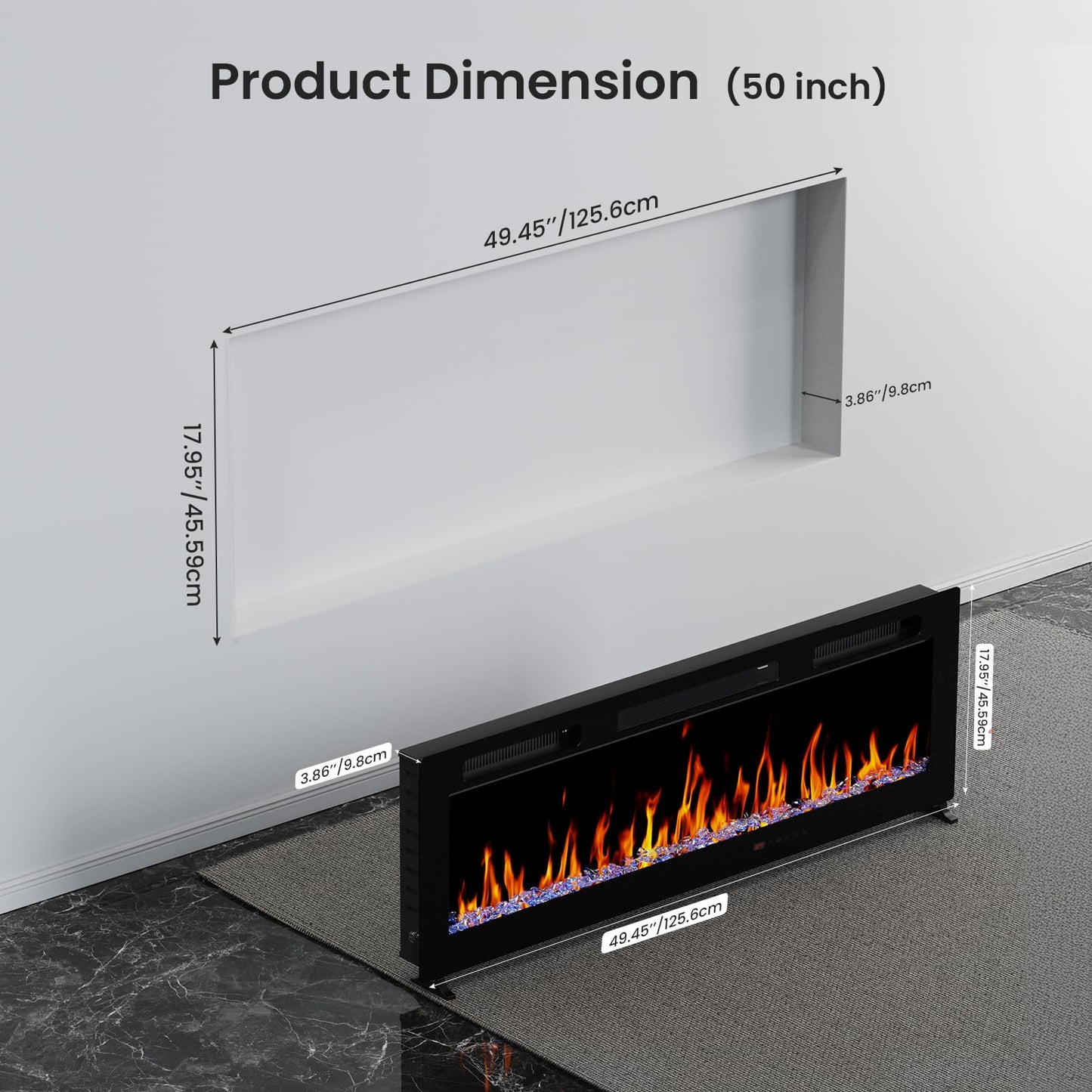 50 Inch Electric Fireplace Recessed and Wall Mounted with Adjustable Flame & Ember Color, Remote Control with Timer, Touch Screen, 750/1500W