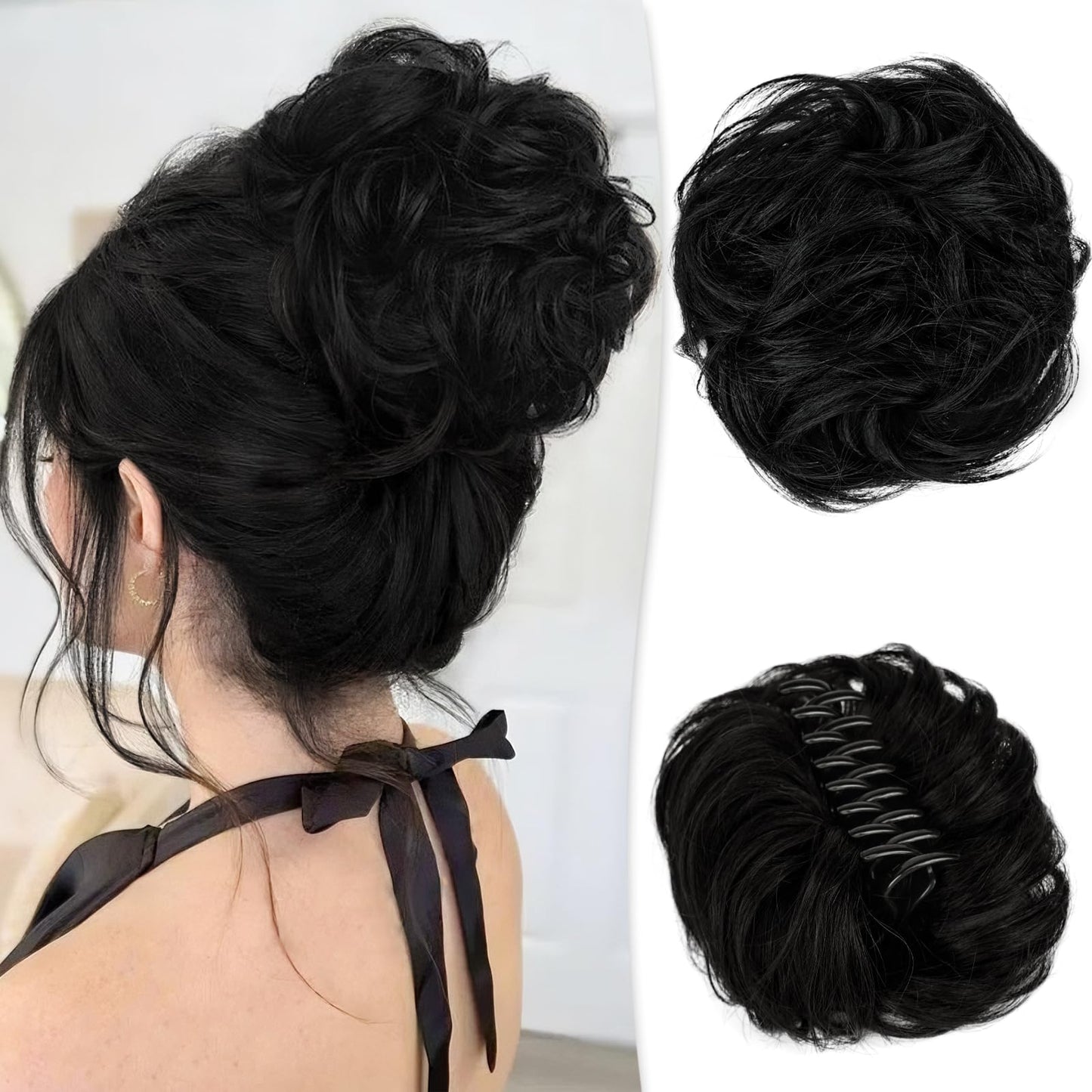 RUWISS Claw Clip Messy Bun Hair Piece Real Human Hair Buns Wavy Curly Chignon Hair Bun Extensions Tousled Updo Hair Buns Claw Clip Ponytail Hairpieces Hair Scrunchie with Clip for Women(Black)
