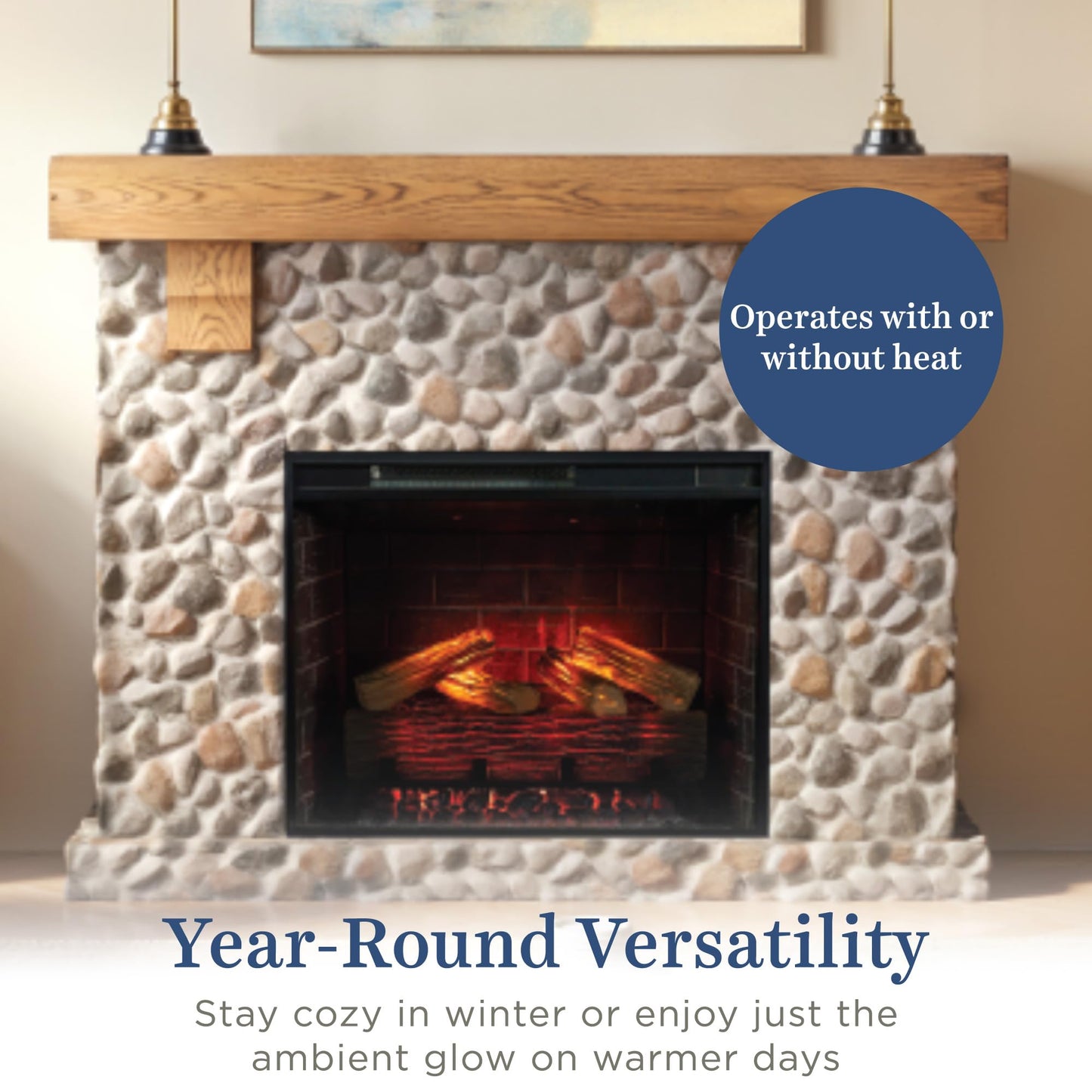 Country Living - Glenbrook Fireplace Mantel Package, 28β, Alexa/WiFi Enabled Fireplace Insert, Cast Stone River Rock Surround, 1500W