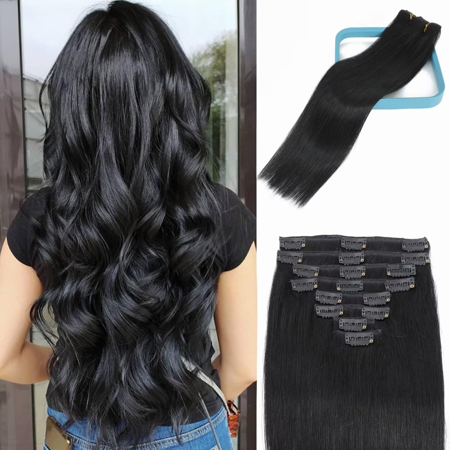 LORIEN Clip in Hair Extensions Real Human Hair, 20 Inch 105g, 1 Jet Black, Clip in 100% Brazilian Remy Human Hair Extensions 8pcs Per Set with 18 Clips Double Weft