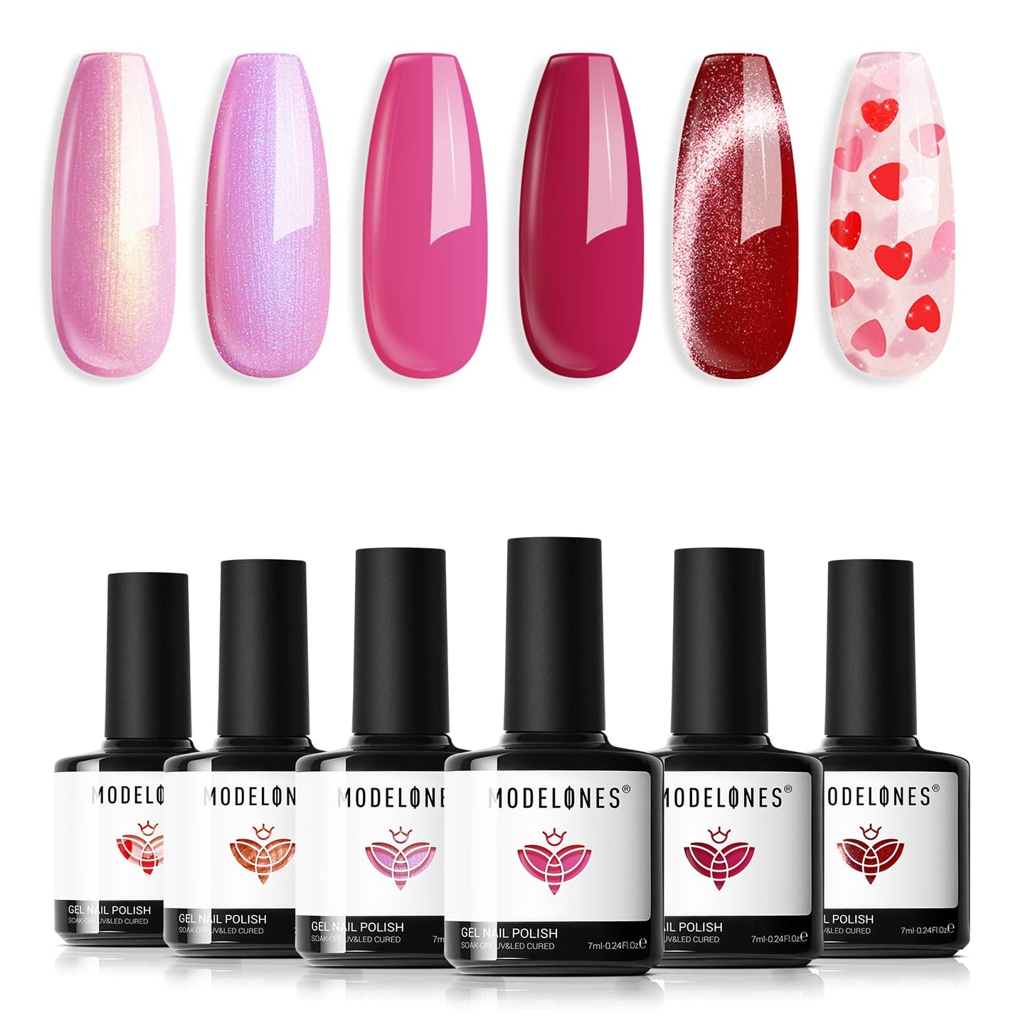 modelones Gel Nail Polish Set, 6 Colors Pitaya Hot Pink Red Cat Eye Gel Polish Mermaid Pink Red Love-heart Glitter Nail Polish with Magnet & Wooden Pen Soak Off LED Mothers Day Summer Manicure Gift