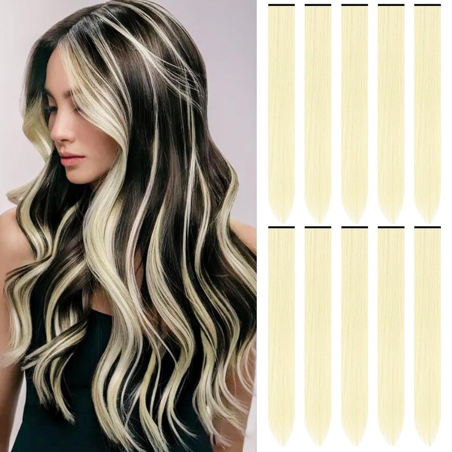 TOFAFA 22 inch Colored Hair Extensions, Multi-colors Party Highlights Clip in Synthetic Hair Extensions, Color Party Highlights Hairpieces for Girls Women(10 PCS Blonde)