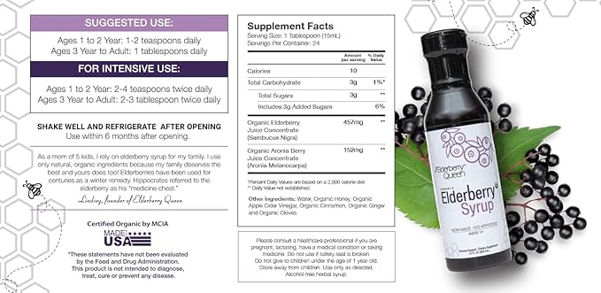 Elderberry Queen Organic Elderberry Syrup 12 Fl Oz - Immune Support Formula with Sambucus Black Elderberry & Aronia Berry - Pure Natural Certified Organic Elderberry Syrup for Kids and Adults