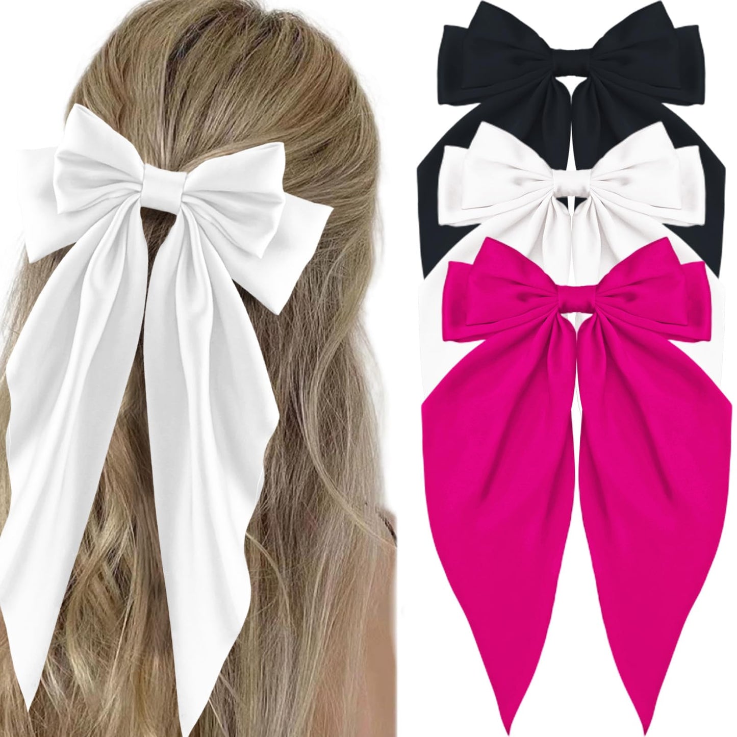 Canitor Hair Bows for Women Silky Satin Hot Pink Black White Barrettes Clip Large Coquette Bows Cute Aesthetic Hair Accessories Preppy Teen Girl Gifts Trendy Stuff