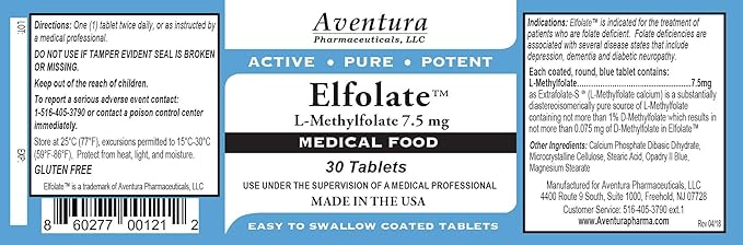ELFOLATE® 7.5mg L-Methylfolate Methyl Folate Methylfolate Medical Food Supplement Professional Strength Active Pure Potent 30 Tablets