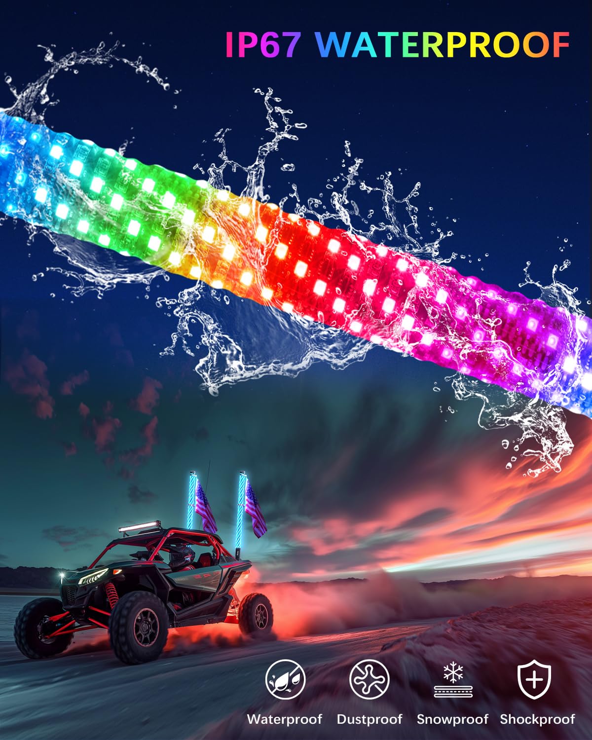 Tavaray 2PCS 3FT Fat Whip Lights – Spiral RGB Chasing Lighted Antenna Whips with Flag, Whip Lights for Side by Side UTV ATV RZR Can-Am X3, with App/Remote Control, Turn Signal & Rocker Switch