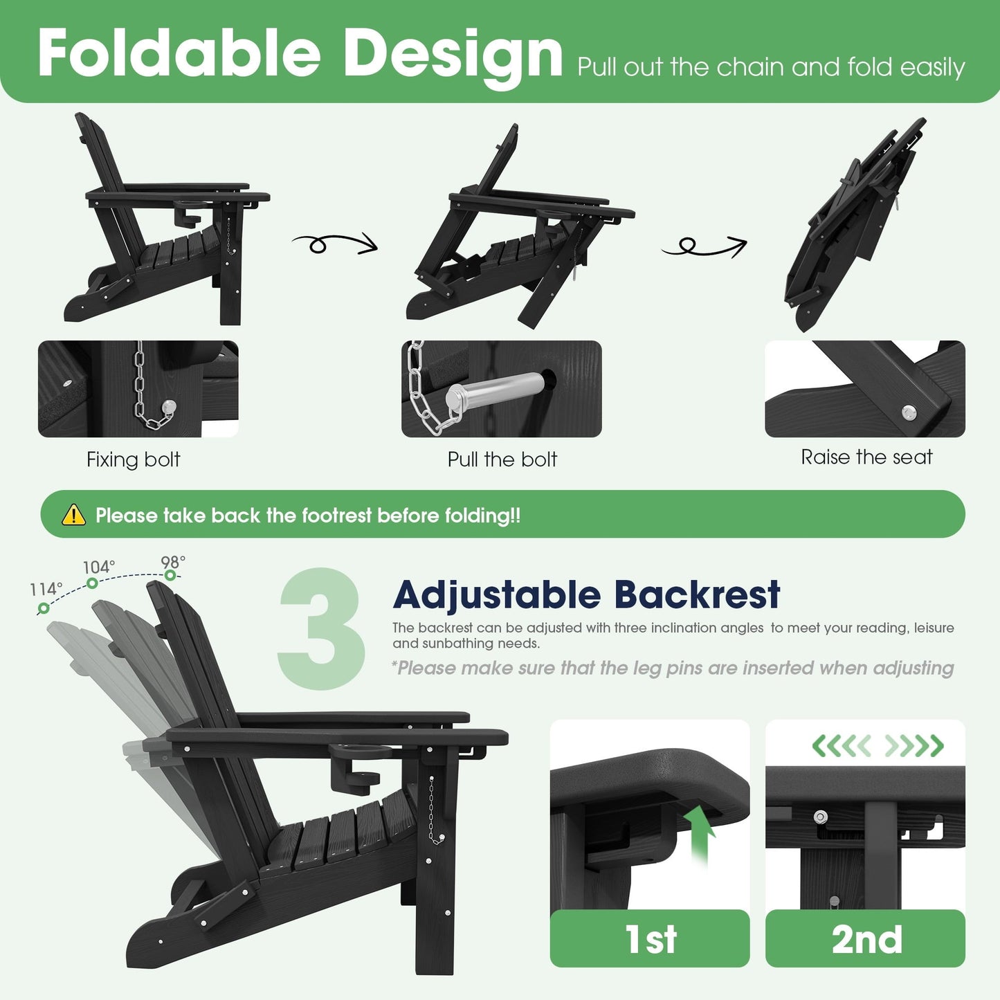 SERWALL Adjustable Folding Adirondack Chair with Footrest & Dual Cup Holders, HDPE Foldable Multifunctional Adirondack Chair with Ottoman for Patio, Outdoor, Garden, Black