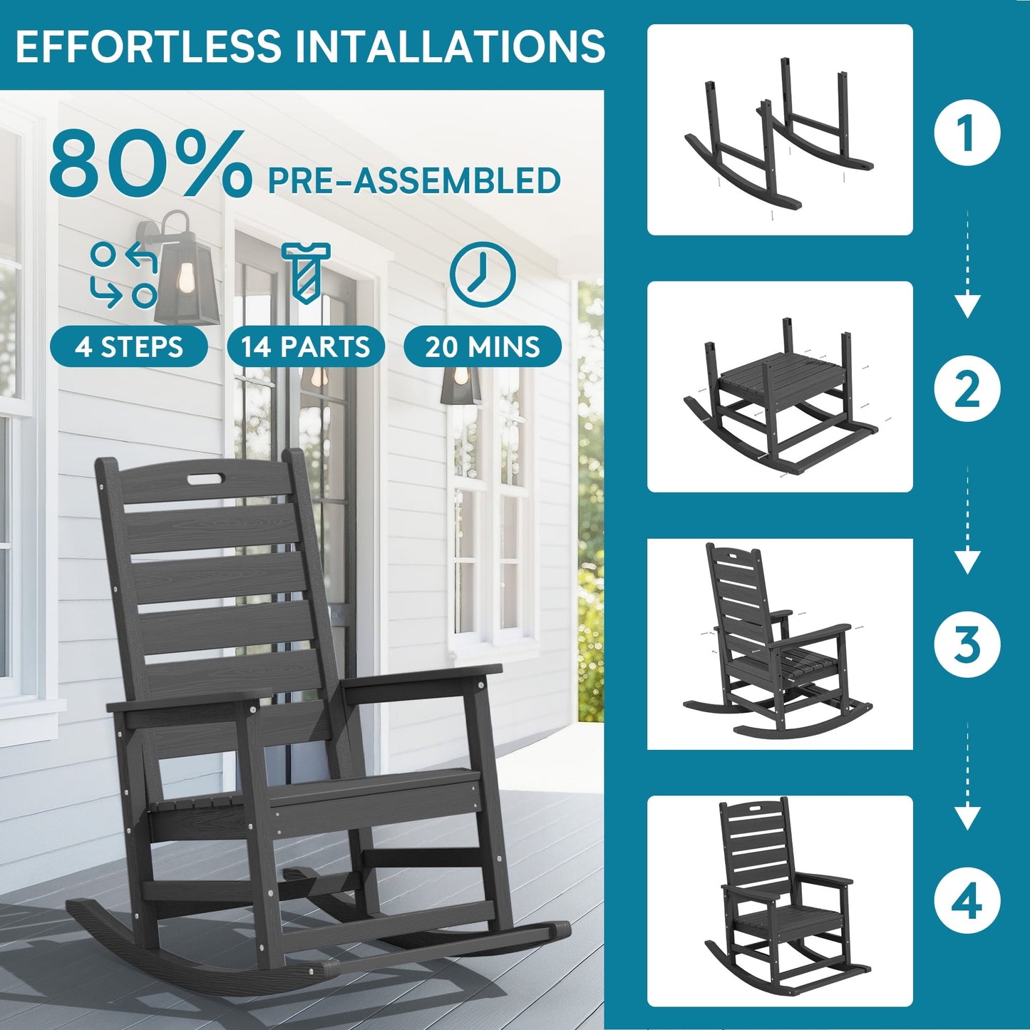 SERWALL Oversized Outdoor Rocking Chair with Footrest for Adults, HDPE All Weather Patio Rocker for Porch, Garden, Lawn, Grey