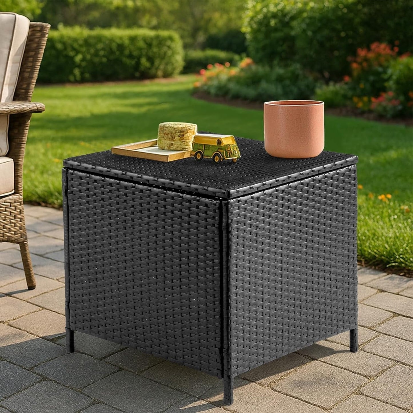 GaoJ Outdoor Side Table, Rattan Coffee Table with Storage 27 Gallon Patio Small Deck Storage Box for Cushion Towel Books, Brown Side Table with lid,Black