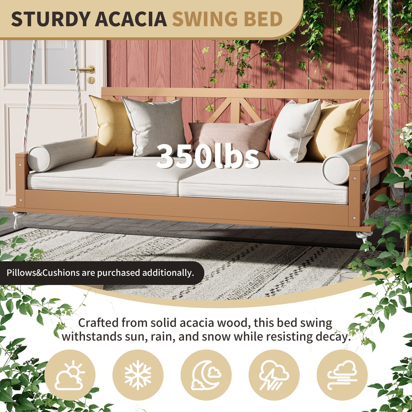 Euroco Acacia Wood Twin Size Porch Swing Bed with 27.8'' High Backrest, 16.4ft Hemp Ropes, Weather-Resistant Outdoor Hanging Daybed for Patio/Garden/Porch – 350 lbs Capacity (Mattress Not Included)