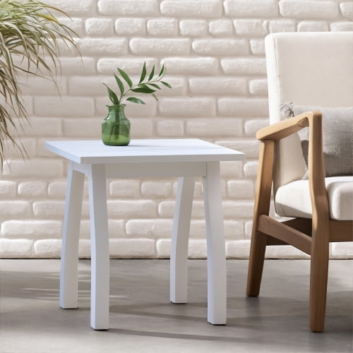 SELMA Acacia wood Accent Side Table in White PU, Weather-Resistant Rectangular End Table for Patio, Garden, Lawn, and Living Room(White PU)