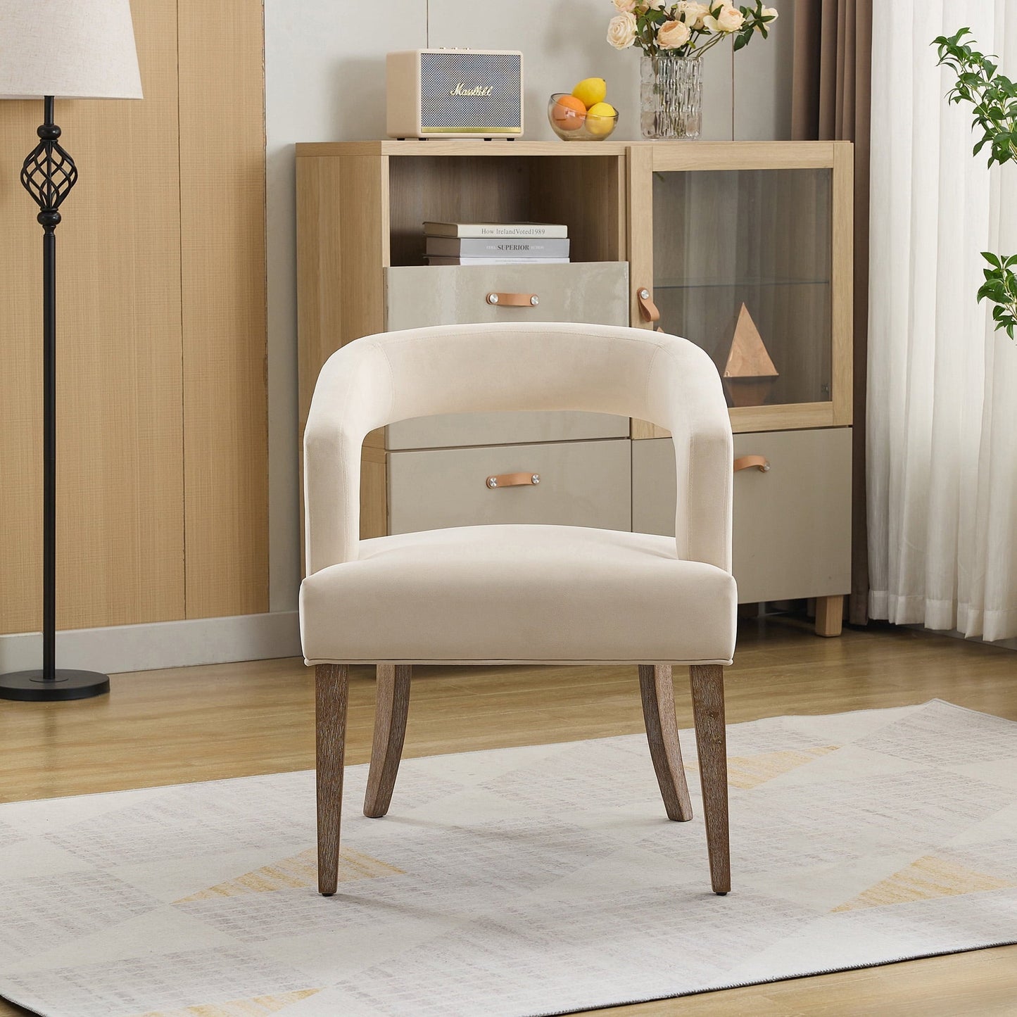 Qiushi 25.79" Wide Modern Barrel Open Back Upholstered Velvet Armchair Accent Chair with Weathered Solid Wood Legs Dining Chairs for Dining Room, Club, Kitchen, Living Room Café, Beige