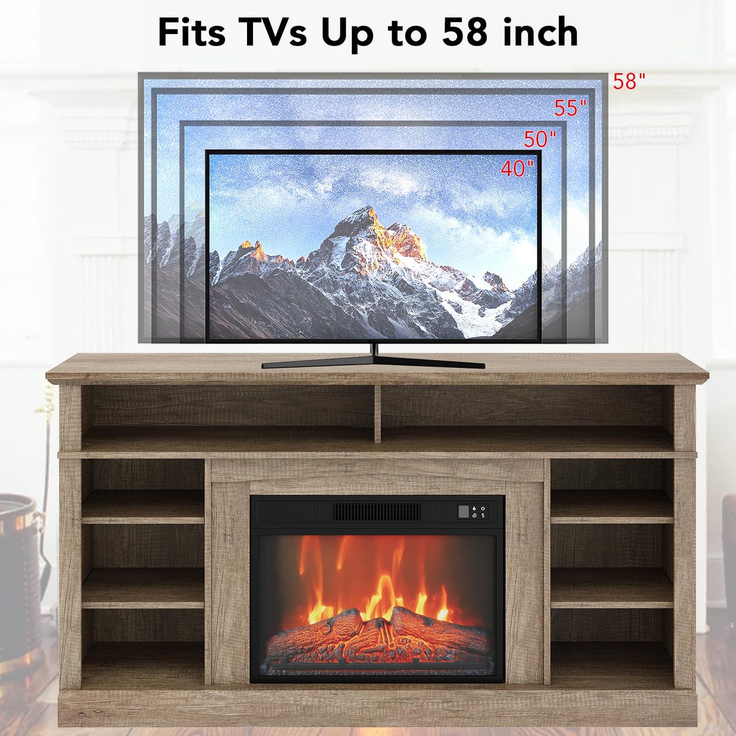 Electric Fireplace Tv Stand for Tvs Up to 58 Inch, Farmhouse 23" Remote Control Fireplace Entertainment Center with Sliding Barn Door, Storage Cabinets/Adjustable Shelves for Living Room