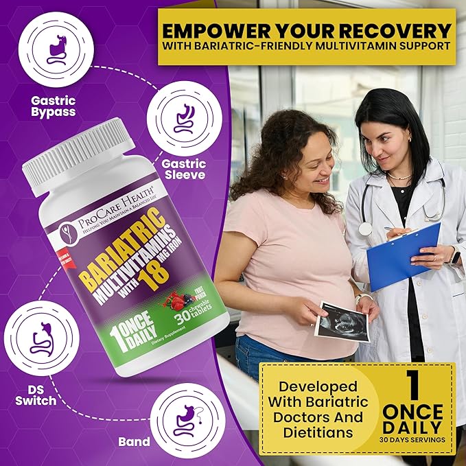 ProCare Health Bariatric chewable Multivitamin with Iron 18mg (30 Tablets) - Fruit Punch Flavor Bariatric Multivitamin Chewable for Gastric Bypass & Sleeve Gastrectomy Patients* (1 Month Supply)