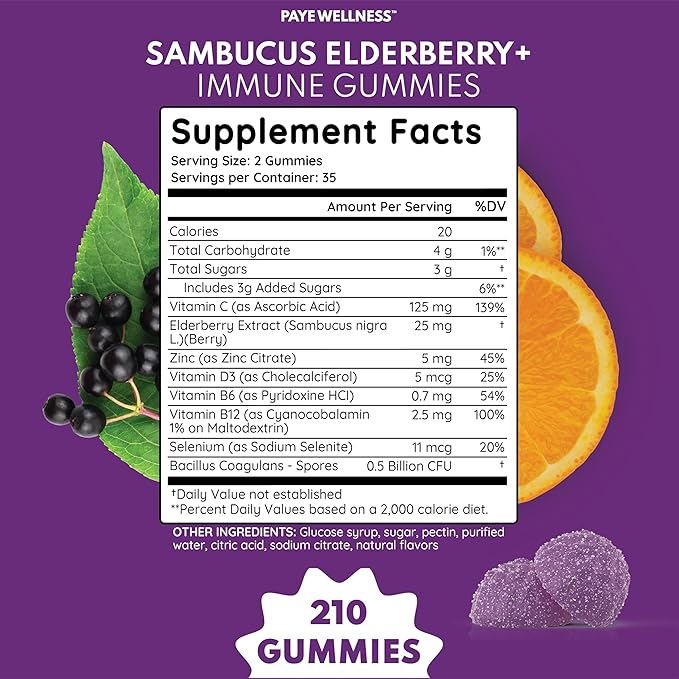 Elderberry Gummies Immune Support, Daily Support for Kids and Adults*, with Sambucus Elderberry, Zinc, Vitamin C, D3, B6, B12, Plus - Dietary Supplement - 210 Count