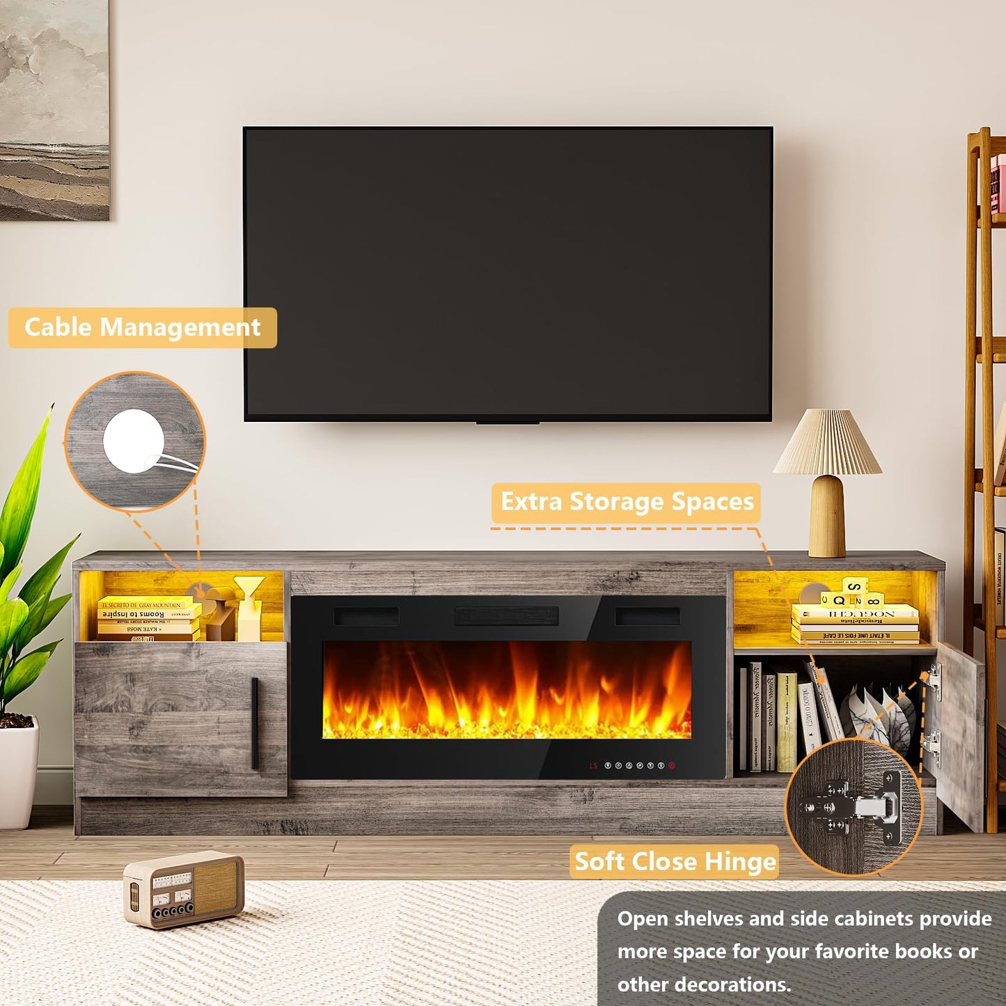 Tavata Fireplace TV Stand Entertainment Center with 36" Fireplace, 70" Wooden TV Stand for TVs Up to 80",Media TV Console with High Gloss Storage Cabinet and 16 Colors LED Lights (Gray)