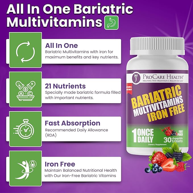 ProCare Health Chewable Bariatric Multivitamin Without Iron (30 Tablets) - Fruit Punch Flavor Once Daily Bariatric Multivitamin with Iron Free for Gastric Bypass and Sleeve Patients (01 Month Supply)