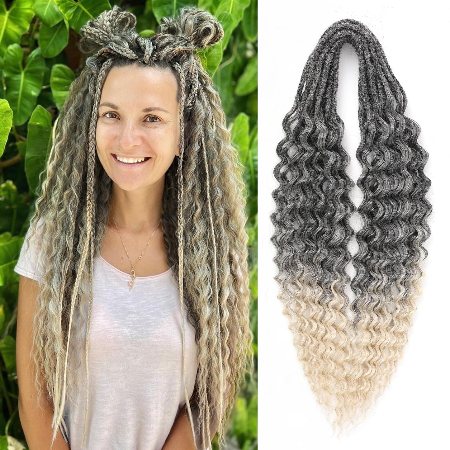 Leeven Wavy Double Ended Dreadlock Extensions 24 Inch Black to Blonde Ombre DE Curly Synthetic Dreads 10 Strands Boho Dread Extensions Braid in Handmade Hippie Dreads Thin Wool Dreads for Women Men