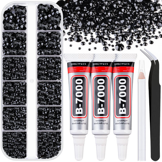 Resin Rhinestones for Crafting with B7000 Jewelry Glue, 1 Box Black Flatback Crystals with 3Pcs 10ml Glue for Bedazzling Crafts DIY Nail Art Makeup,Non Hotfix Gems for Clothing Shoes