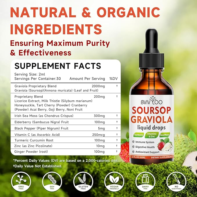 Soursop Graviola Liquid Drops for Cell Support & Regeneration, Immune Boost, Relax, Liver and Sleep, Soursop Bitters Liquid, Sugar/Gluten Free, Natural Strawberries Flavor - 2 Fl Oz (60ml) Bottle
