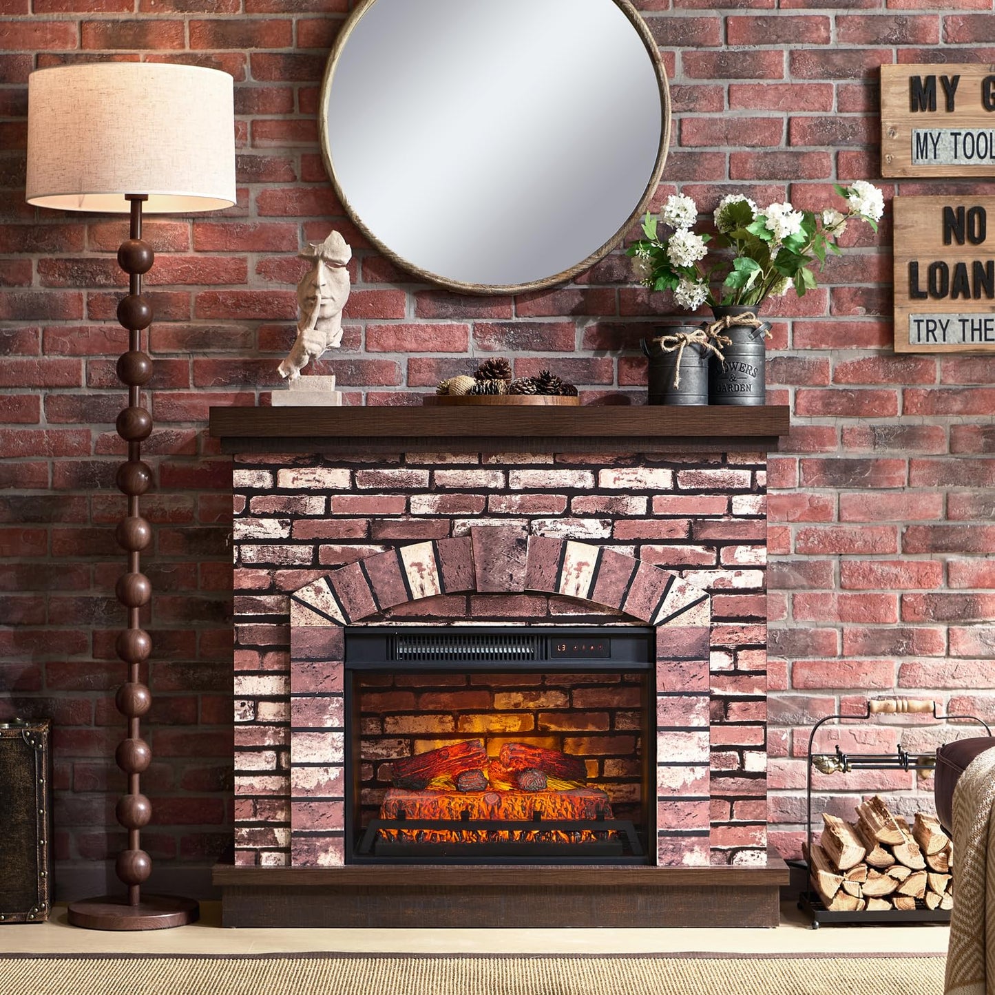 IFBUY Farmhouse Electric Fireplace with Mantel, 42" Fireplace TV Stand w/23'' Freestanding Electric Fireplace Heater, Remote Control, Adjustable 3D Realistic Flame Level for Living Room, Light Brown
