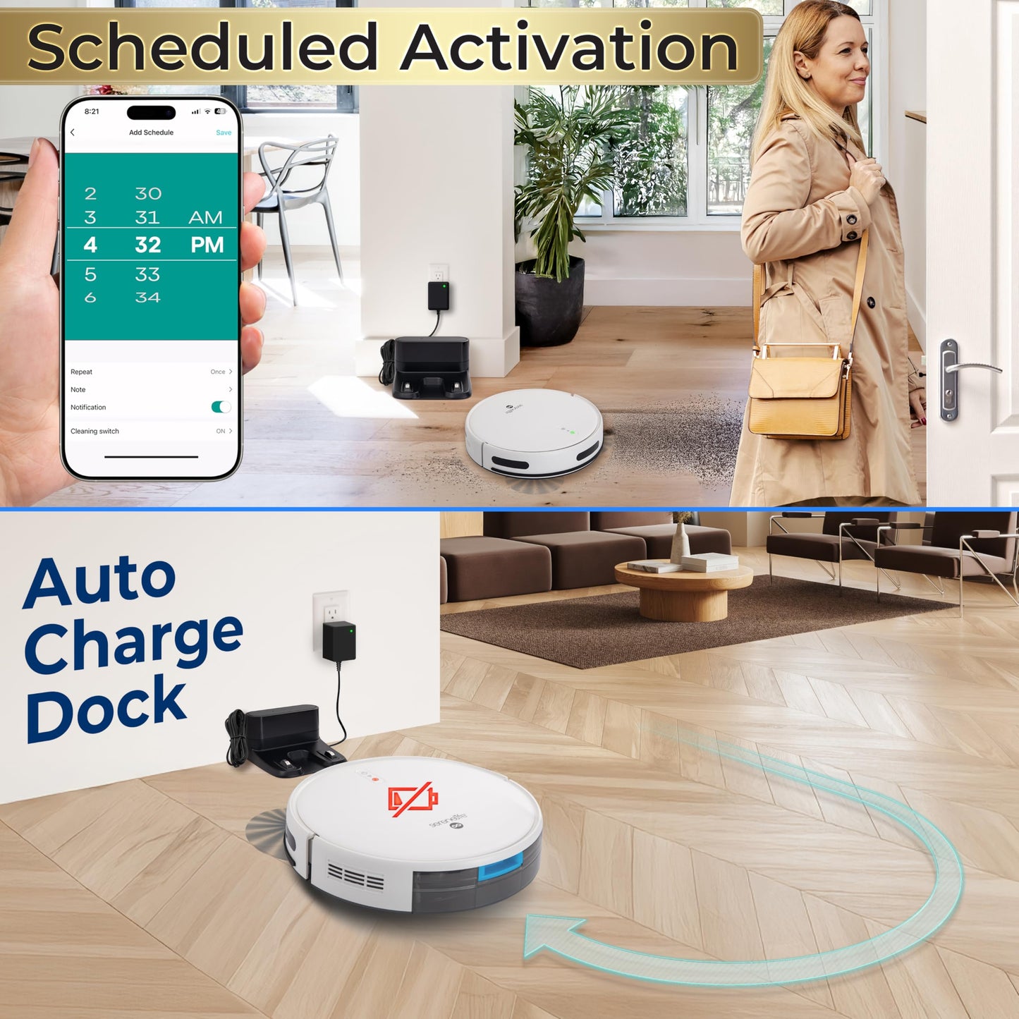 Smart Robot Vacuum and Mop Combo, 2000Pa Suction, App Control, 4 Cleaning Modes, Anti-Fall Sensors, Multi-Surface Cleaning, Self-Charging, Ideal for Pet Hair, Soft and Hard Floors, White