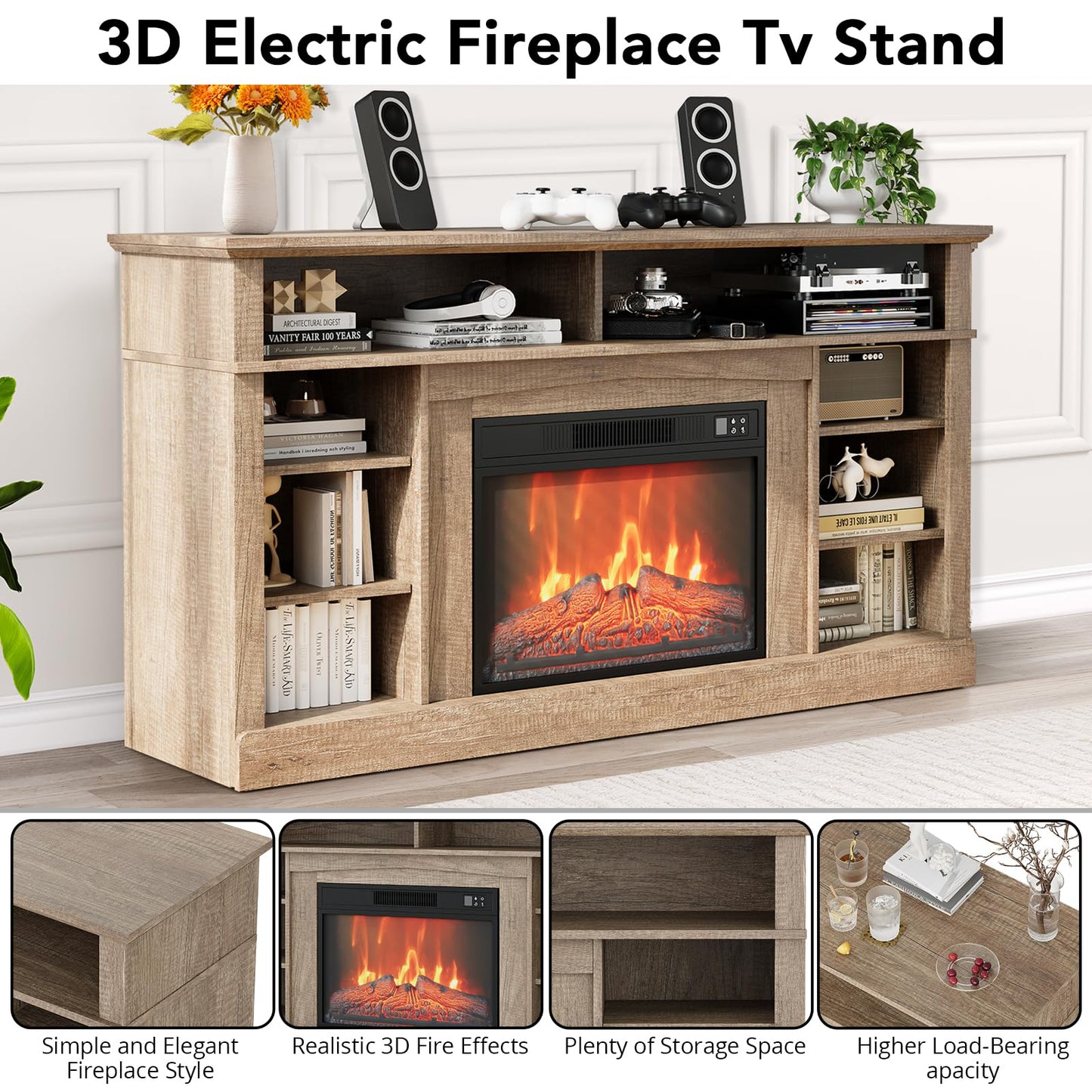 Electric Fireplace Tv Stand for Tvs Up to 58 Inch, Farmhouse 23" Remote Control Fireplace Entertainment Center with Sliding Barn Door, Storage Cabinets/Adjustable Shelves for Living Room