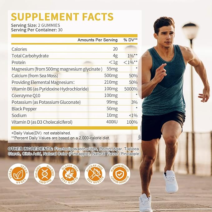 (1 Pack) Magnesium Glycinate Gummies, High-Absorption Magnesium Supplement with Calcium & Vitamins, Support Bone, Muscle, Night, Memory & Mood, Vegan, Non-GMO, 60 Counts, Pineapple Flavor