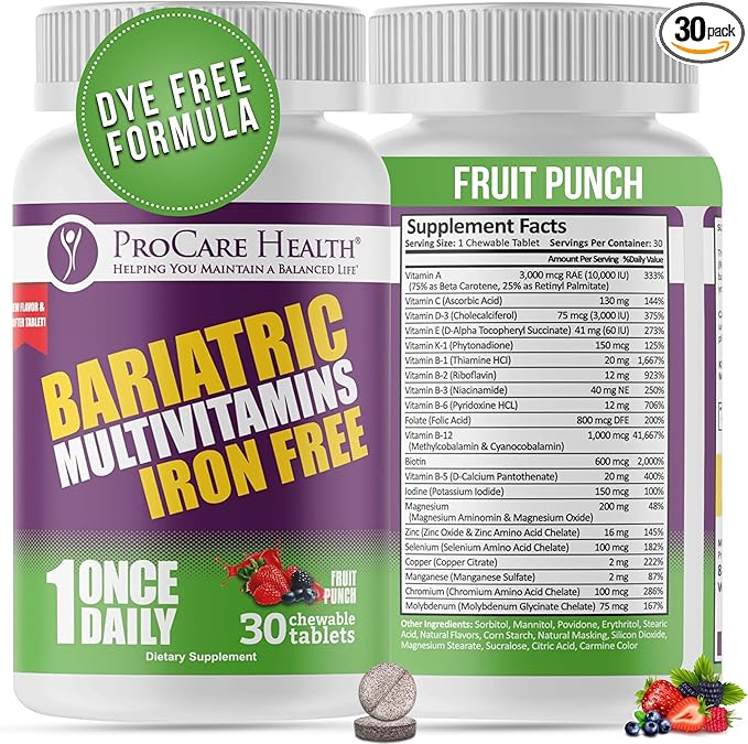 ProCare Health Chewable Bariatric Multivitamin Without Iron (30 Tablets) - Fruit Punch Flavor Once Daily Bariatric Multivitamin with Iron Free for Gastric Bypass and Sleeve Patients (01 Month Supply)