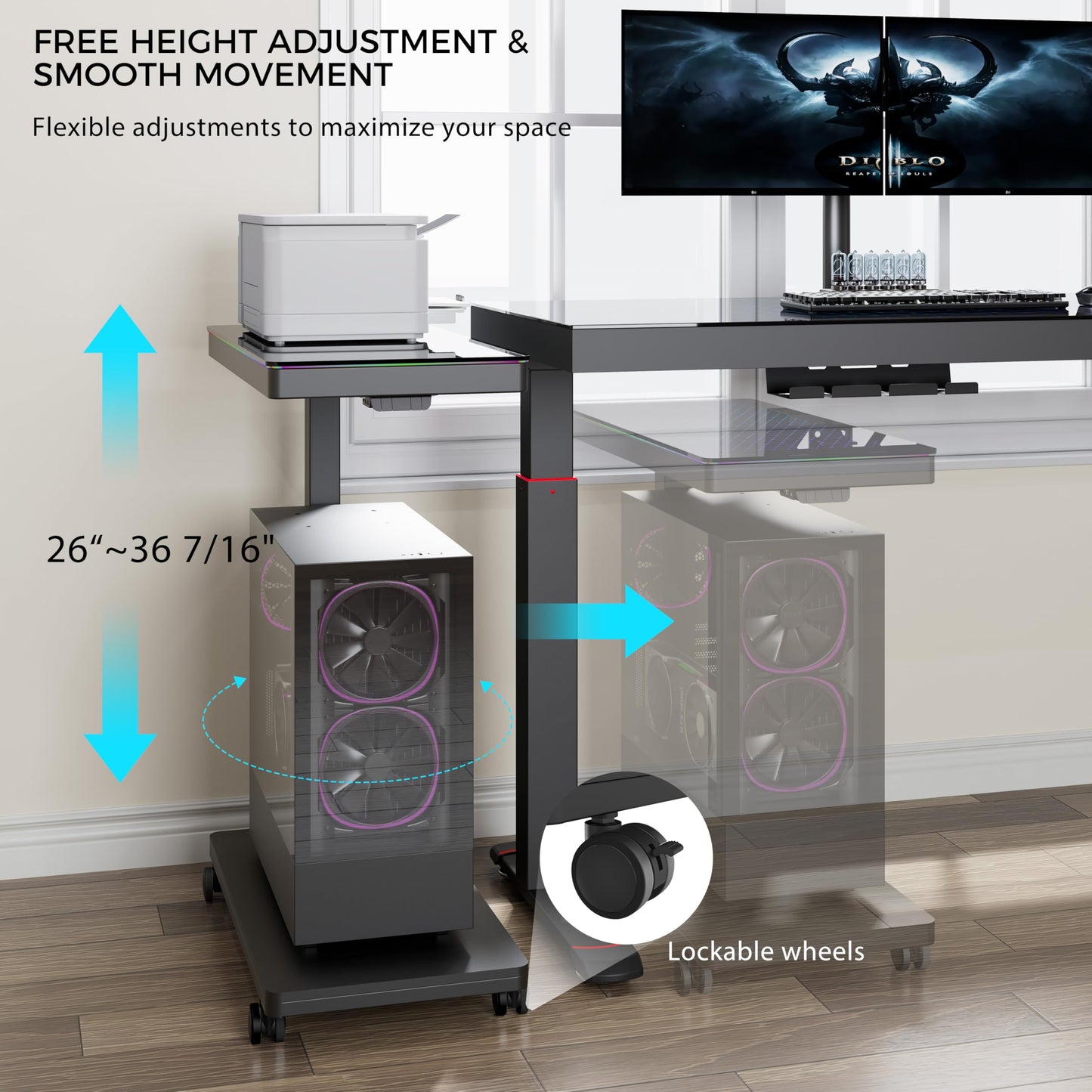 EUREKA ERGONOMIC Height Adjustable Computer Tower Stand, Illuminated Glass Panel PC Stand w/RGB Lights, 2-Tier CPU Holder Cart Under Desk, PC Floor Stand for Office Gaming, APP Control