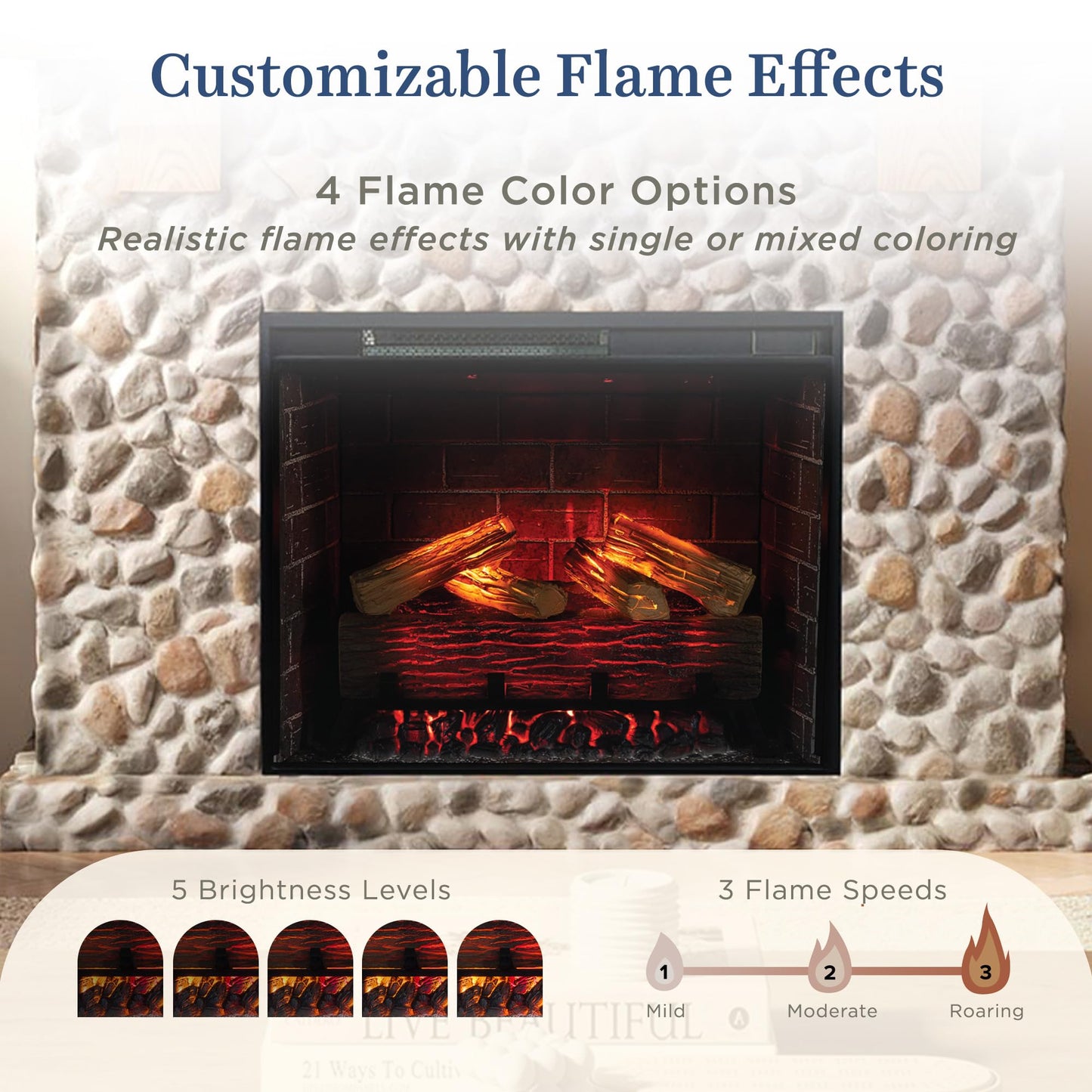 Country Living - Glenbrook Fireplace Mantel Package, 28β, Alexa/WiFi Enabled Fireplace Insert, Cast Stone River Rock Surround, 1500W