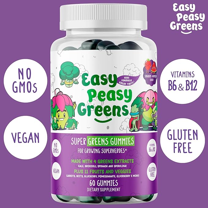 EasyPeasyGreens Daily Veggie Gummies for Kids - 60 Greens Gummies - Helps Picky Eaters Get Their Veggies in - Made with 10 Real Vegetable Extracts and 100% Vegan
