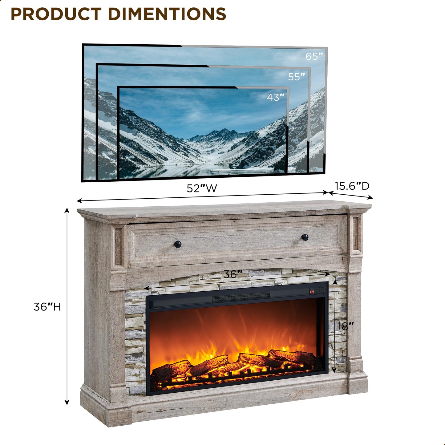 RedLemon 52'' Electric Fireplace with Mantel, Farmhouse Entertainment Center w/36 Electric Fireplace & Sime-Open Cubby for Living Room, Light Rustic Oak