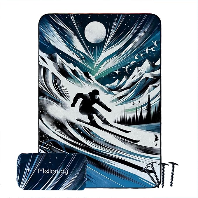 Mellowdy Companion Outdoor Printing Blanket - Waterproof, Wind-Resistant, Warm, Utility Blanket for Camping, Picnic, Stadium, Beach, Gameday, Travel, Foldable with Carrying Bag(Skier Painting,55x80)