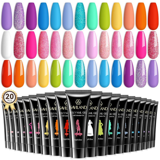Saviland Poly GEL Nail Colors:20 Colors Nail Extension Gel Kit Bright Rainbow Pink Purple Blue Color Collection Poly Gel Nail Kit for Daily Nail Art DIY Nail Salon Gift for Girls