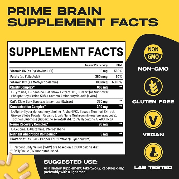 Prime Brain Nootropic Supplement | Supports Memory, Mental Focus, Cognitive Health & Energy | Promotes Healthy Mood & Brain Function | Ginkgo Biloba, Lion's Mane & L Theanine | 180 Capsules