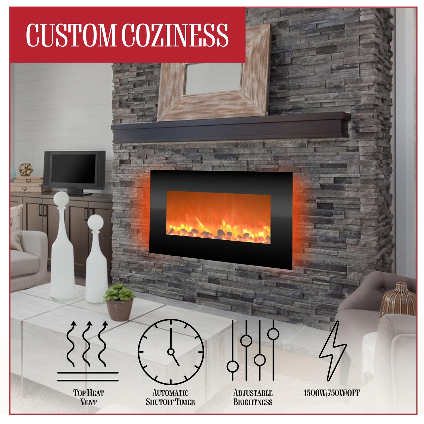 Electric Fireplace - 30 Inch Wall Mounted Fireplace - 13 Backlight Colors and Remote Controlled LED Flames, Heat, and Brightness by Northwest (Black)