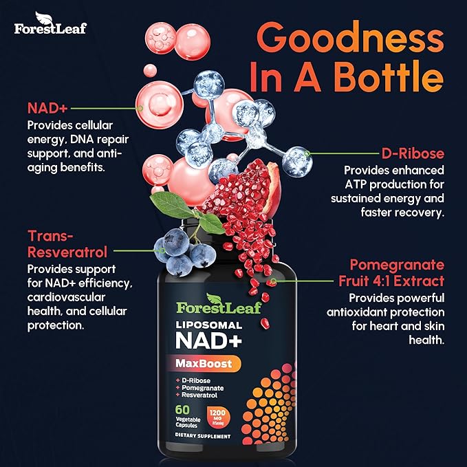 NAD Supplement, Liposomal NAD Resveratrol Supplement for Women & Men 1200mg w/ D-Ribose & Pomegranate NAD+ Plus MaxBoost for Longevity, Anti-Aging, Cellular Energy, NMN Alternative (60 Caps)