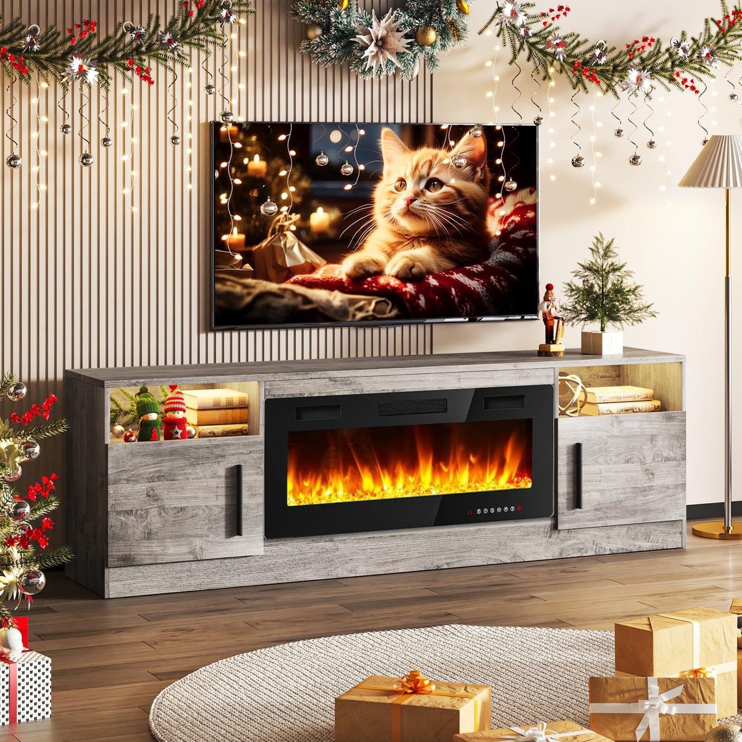 Tavata Fireplace TV Stand Entertainment Center with 36" Fireplace, 70" Wooden TV Stand for TVs Up to 80",Media TV Console with High Gloss Storage Cabinet and 16 Colors LED Lights (Gray)