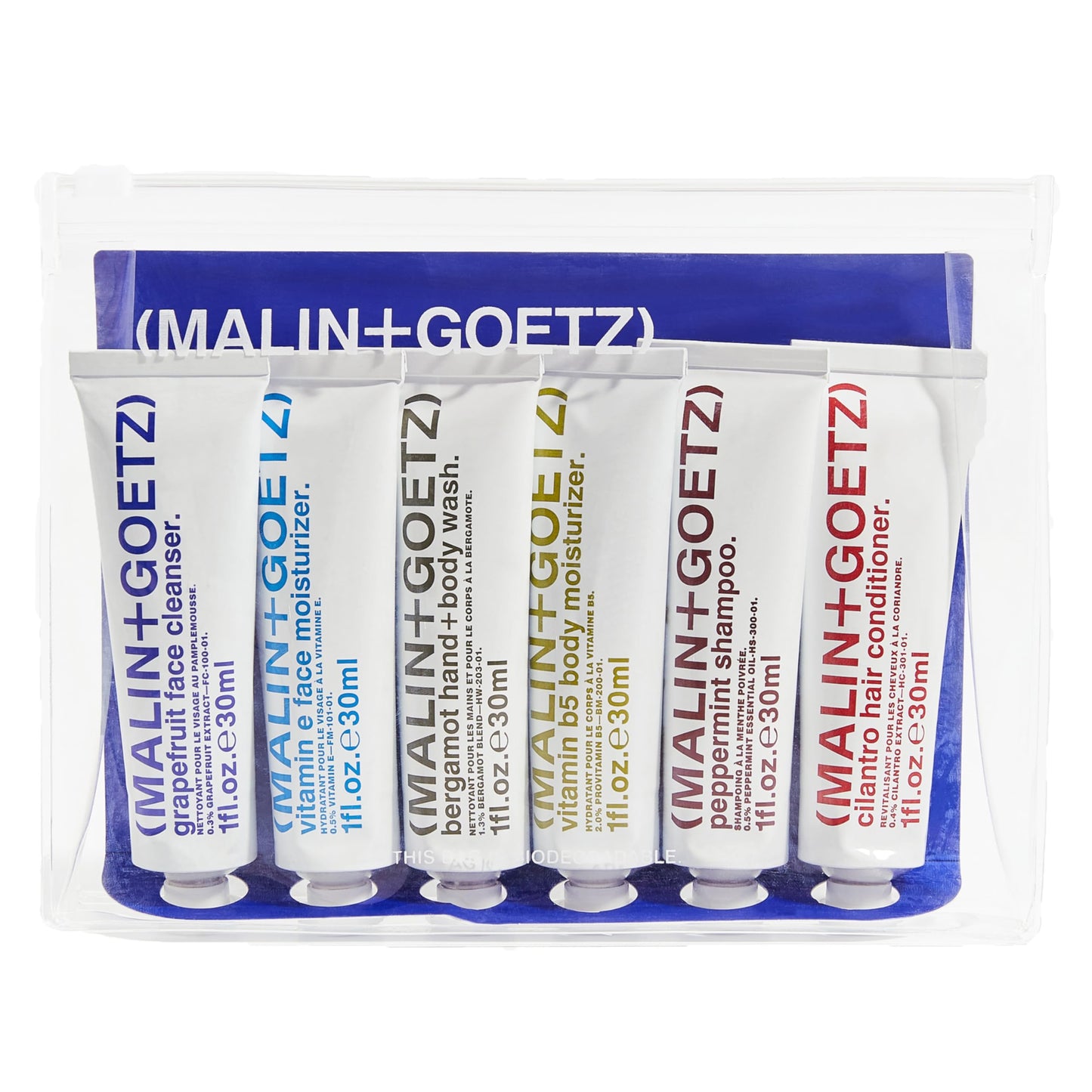 'Malin + Goetz Essential Starter Kit, 1 Fl. Oz. - Hair Shampoo & Conditioner, Facial Cleanser & Moisturizer, Hand & Body Wash,