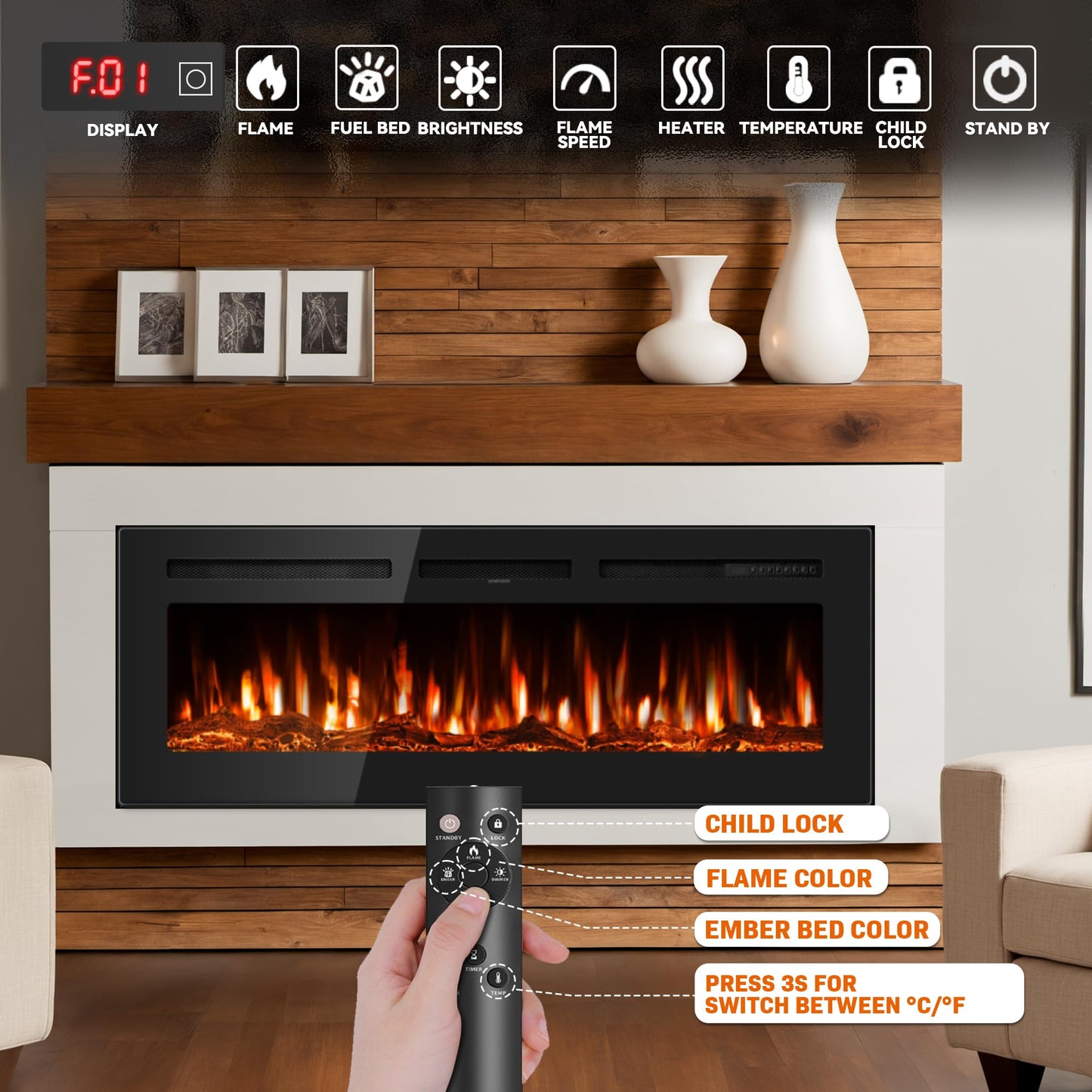 Manastin 50" Ultra-Thin Electric Fireplace Recessed and Wall Mounted with Remote Control, 12 Adjustable Color Fireplace Heater(60-99ยฐF Thermostat), Low Noise, Timer, Child Lock