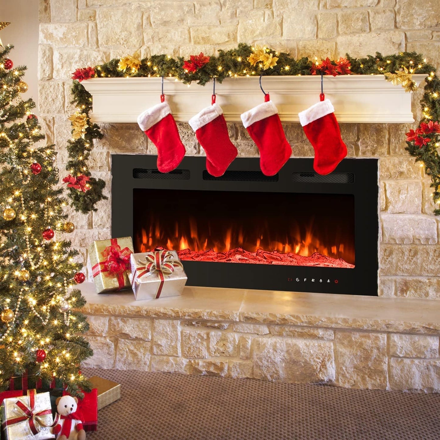 EROMMY 40 in Electric Fireplace Insert, Recessed and Wall Mounted Fireplace with Timer, Remote Control, Touch Screen, Overheating Protection, Log&Crystal, 12 Adjustable Flame,750/1500W