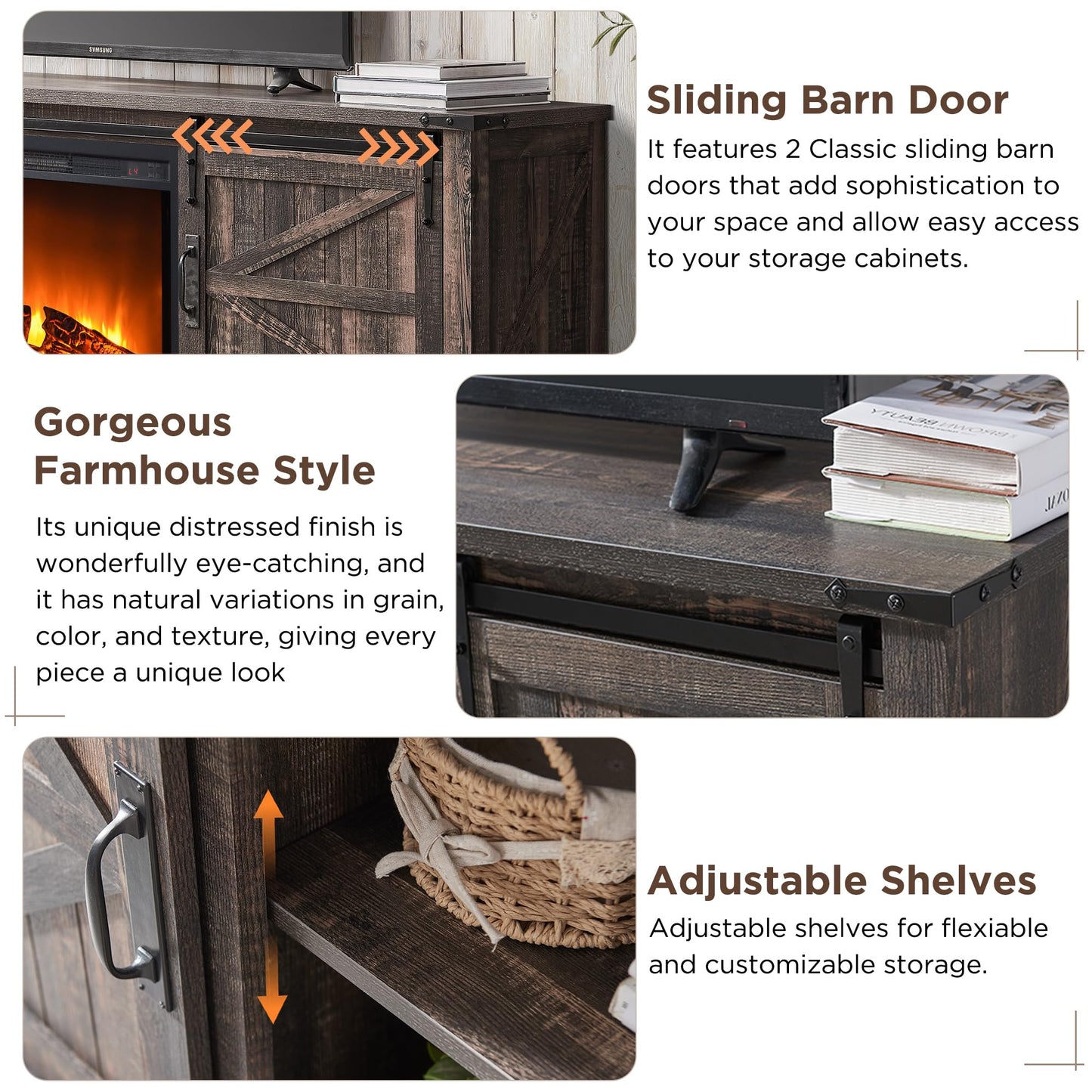 OKD Fireplace TV Stand for 70 75 Inch TV, 66 Inch Farmhouse Entertainment Center with 23" Electric Fireplace, Remote Control, Large Rustic Media Console Cabinet with Sliding Barn Door, Dark Rustic Oak