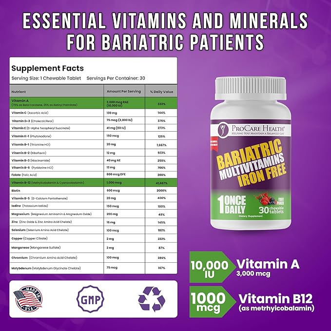 ProCare Health Chewable Bariatric Multivitamin Without Iron (30 Tablets) - Fruit Punch Flavor Once Daily Bariatric Multivitamin with Iron Free for Gastric Bypass and Sleeve Patients (01 Month Supply)