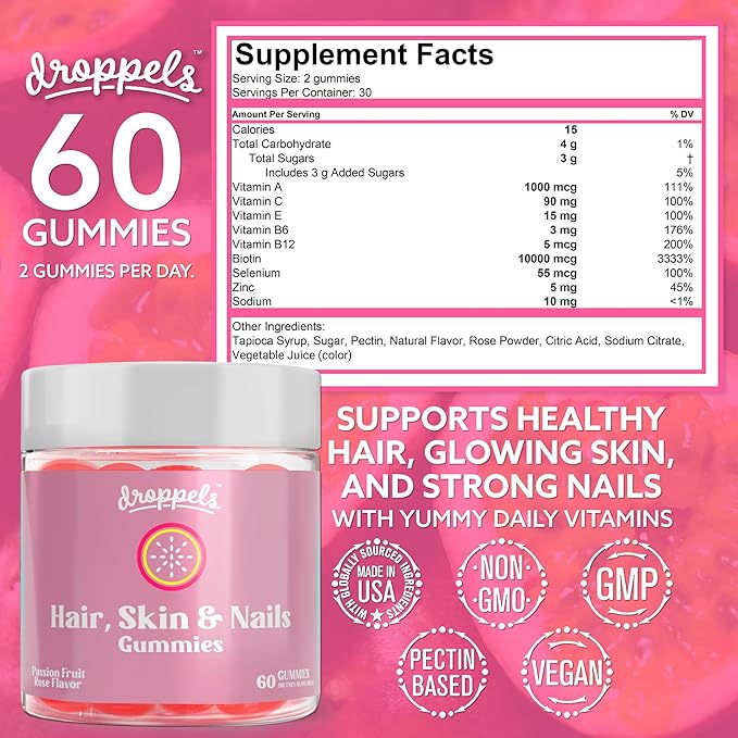 Droppels Hair, Skin and Nails Vitamins Gummies with Biotin 10,000mcg, Vitamin A, Vitamin C, Vitamin E, B6 & B12 | Vegan & Pectin-Based Biotin Gummies, Passion Fruit Rose Flavor, 60 Count